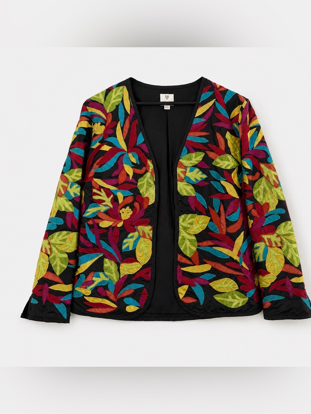 Chico's 100% Silk Art to Wear Jacket Size 1/M Floral Leaf Applique Embroidered